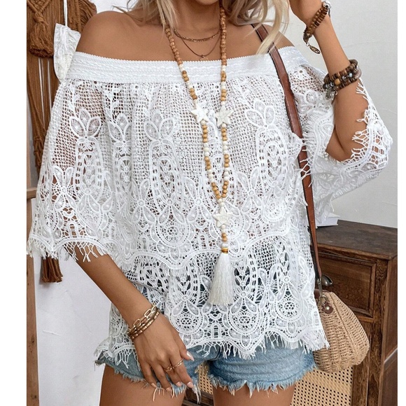 Boho White Lace Off Shoulder Blouse - Picture 3 of 7